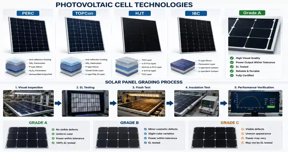 Comparison of solar cell technologies and Grade A solar panel classification.