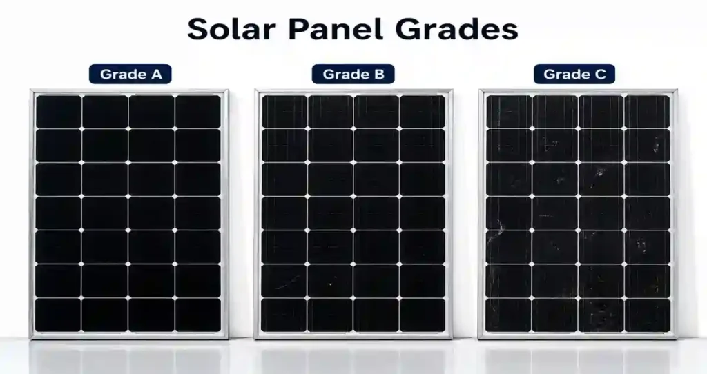 Comparison of Grade A, Grade B, and Grade C solar panels.
