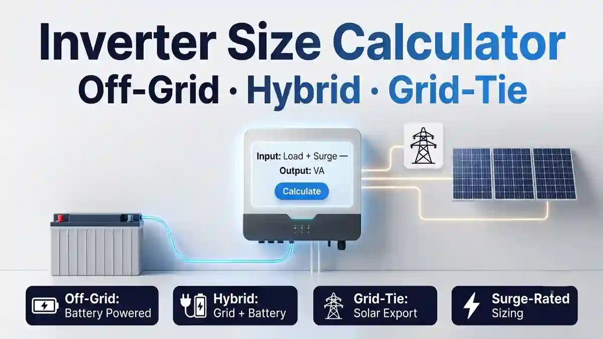 Inverter Size Calculator showing a hybrid inverter connected to a battery bank, grid pylon and solar panels with digital display for load and surge input and VA output