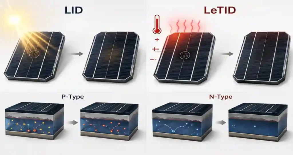 Comparison of LID vs LeTID across P-type and N-type solar cells showing different photovoltaic degradation mechanisms.
