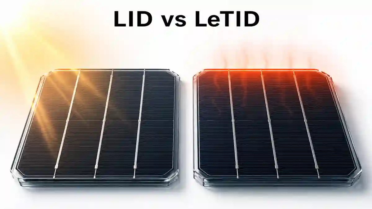 LID vs LeTID in solar panels showing the difference between light induced degradation and elevated temperature induced degradation in photovoltaic cells.