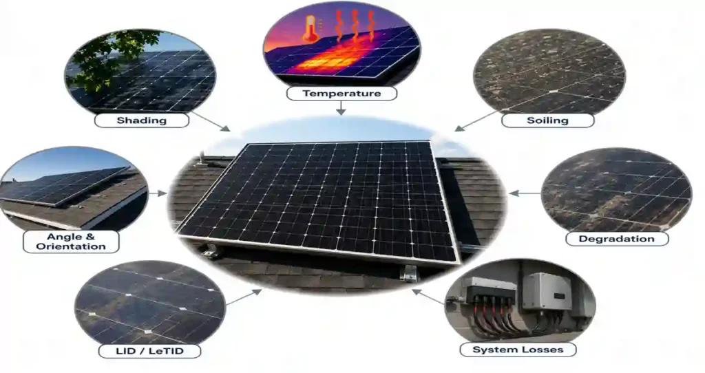 Seven factors that reduce Solar Panel Efficiency in real-world solar installations.