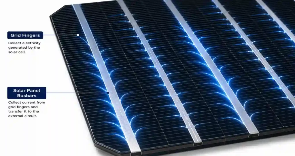 Close-up of Solar Panel Busbars collecting electrical current from photovoltaic cell grid fingers.