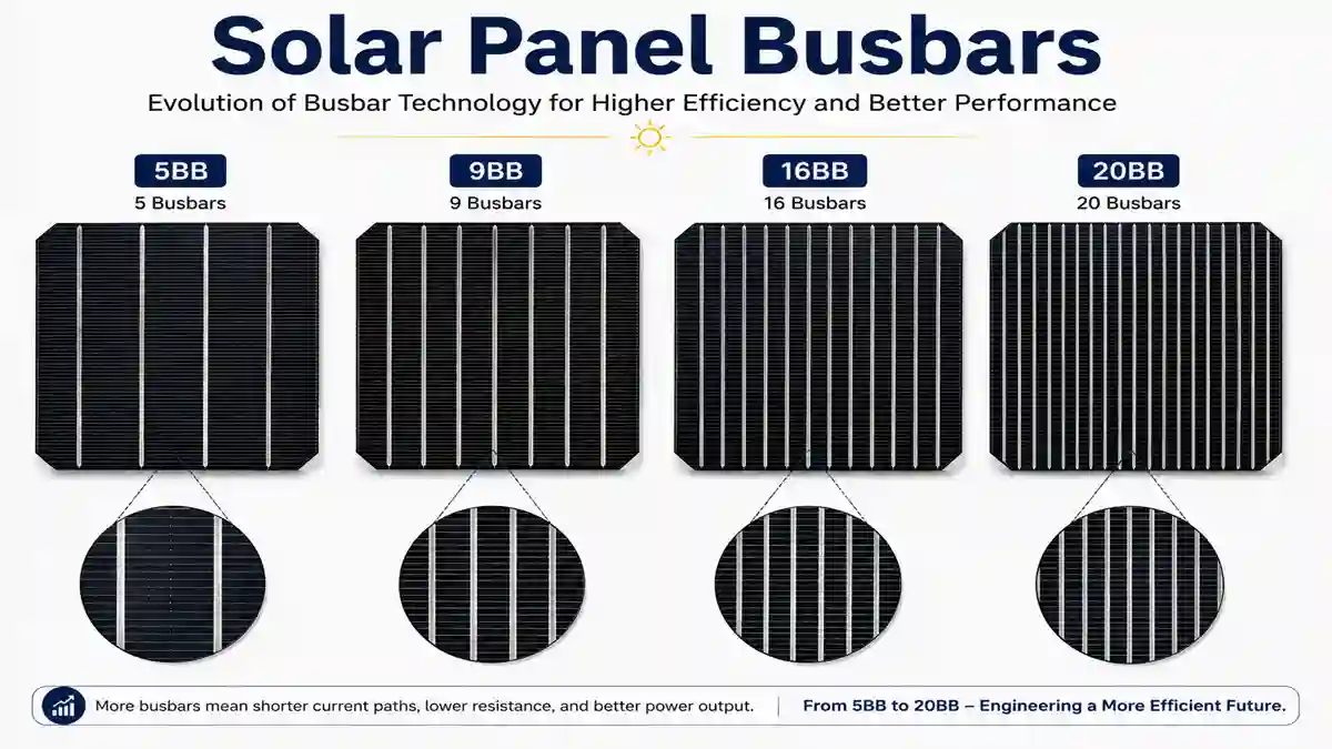 Evolution of Solar Panel Busbars from 5BB to 20BB on modern monocrystalline photovoltaic cells