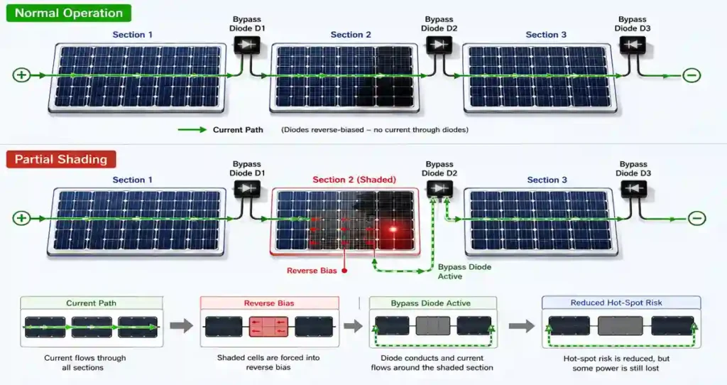 Solar Panel Bypass Diodes redirecting current around a shaded cell section.