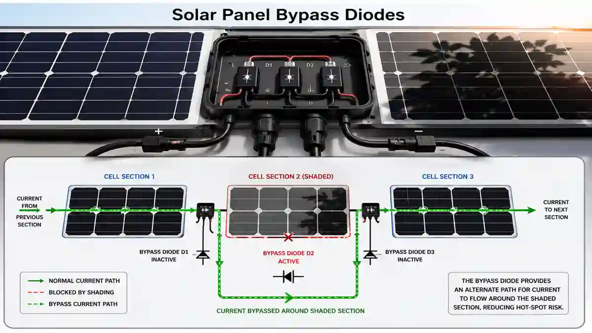 Solar Panel Bypass Diodes protecting shaded photovoltaic cell sections from hot spots.