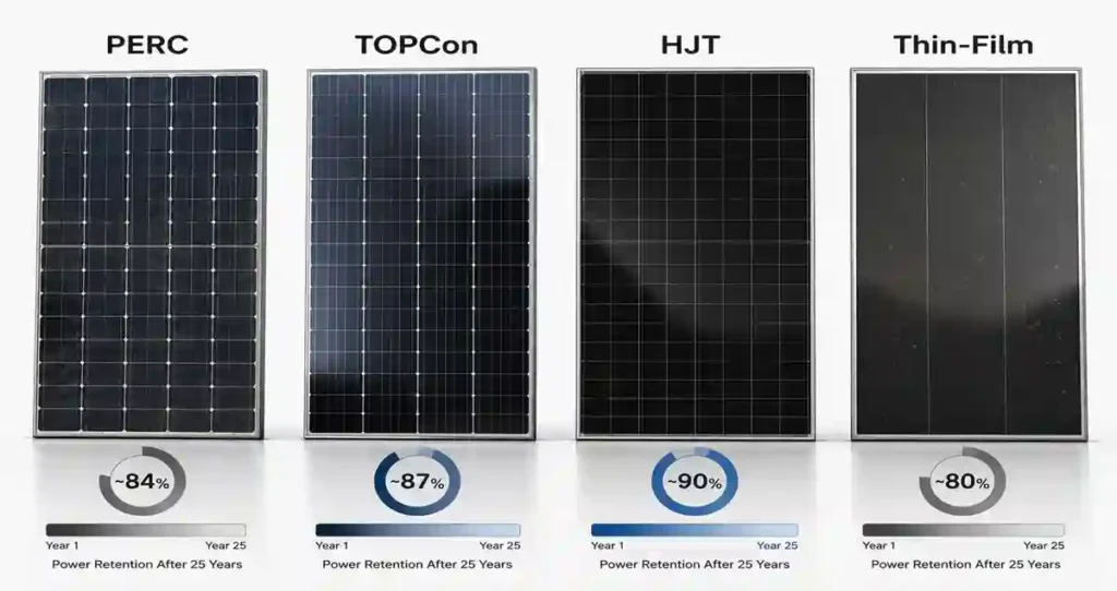 Comparison of Solar Panel Degradation across PERC, TOPCon, HJT, and Thin-Film technologies.