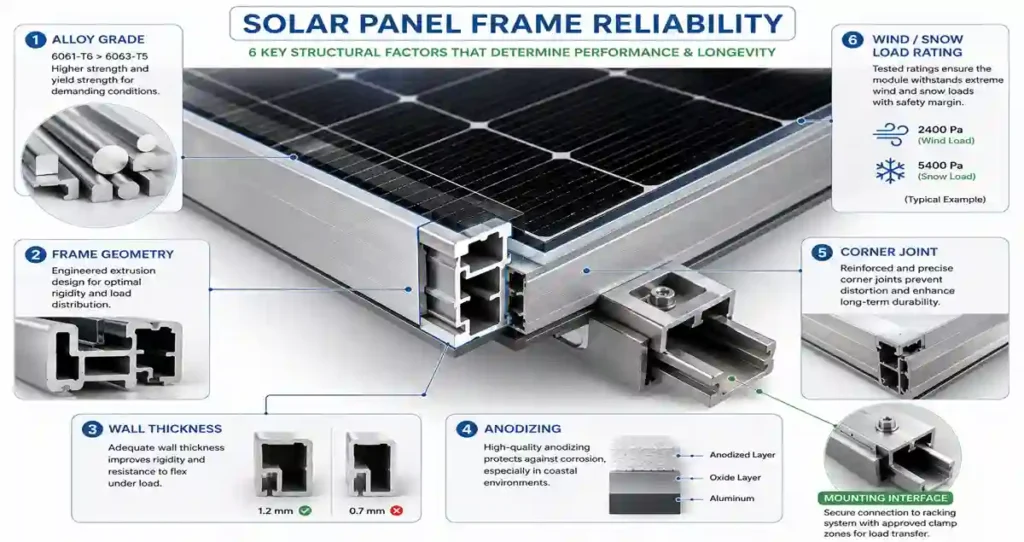 Solar Panel Frame reliability factors including alloy grade, thickness, geometry and load rating