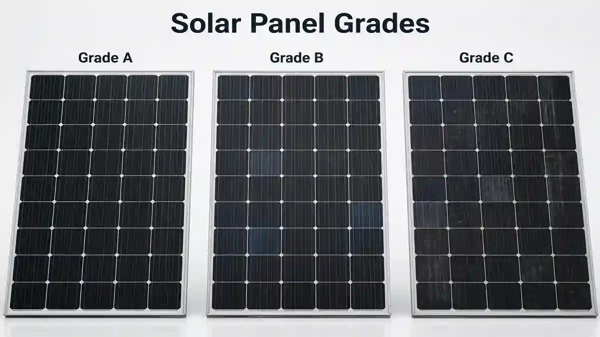 Solar Panel Grades comparison showing the differences between Grade A, Grade B, and Grade C photovoltaic modules.