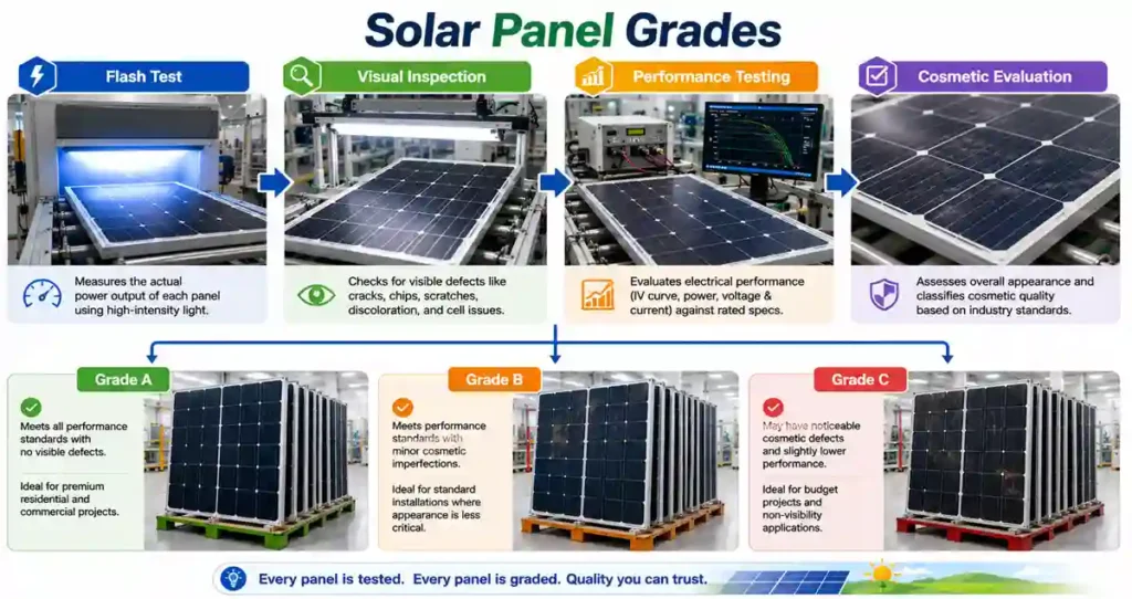 Engineering infographic showing how solar panel manufacturers classify photovoltaic modules into different quality grades.