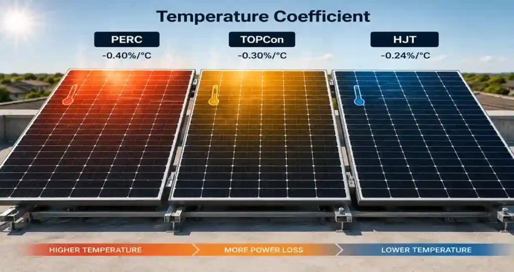 Comparison of Solar Panel Temperature Coefficient for PERC, TOPCon and HJT technologies.