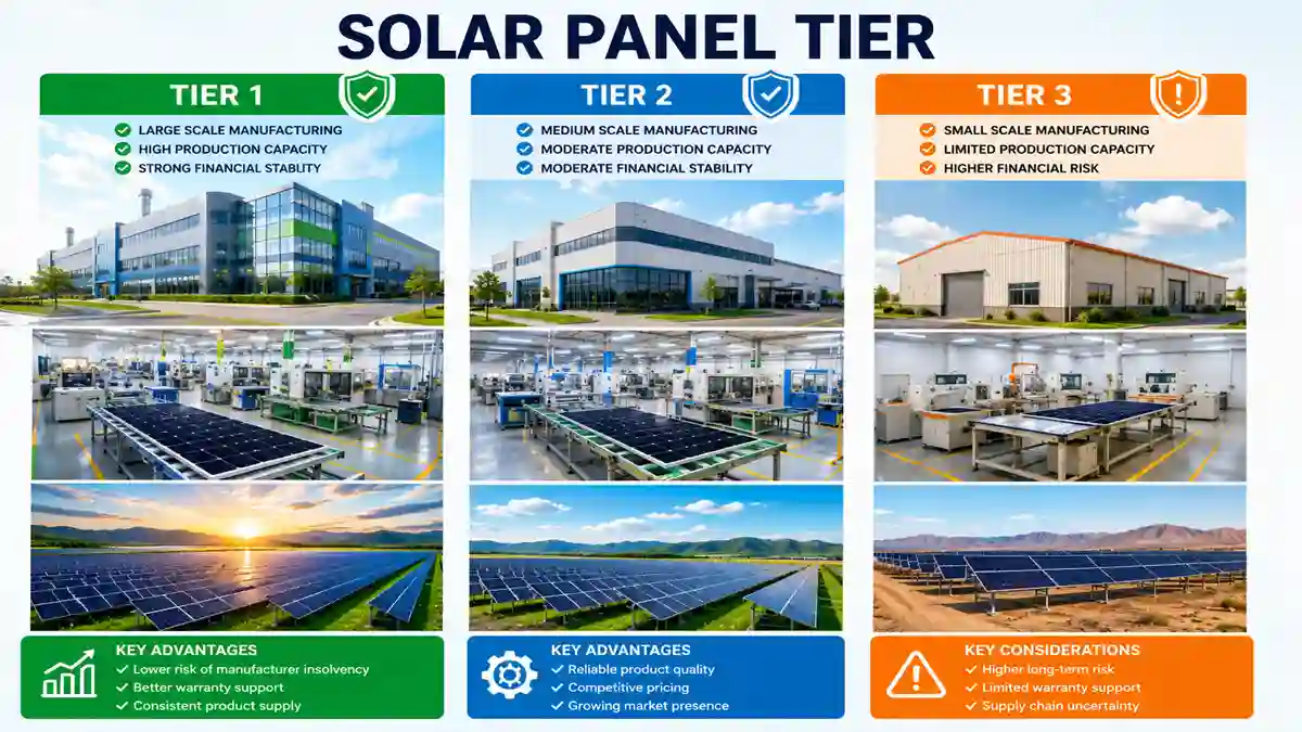 Solar Panel Tier versus panel quality infographic showing manufacturer bankability and product-level factors.