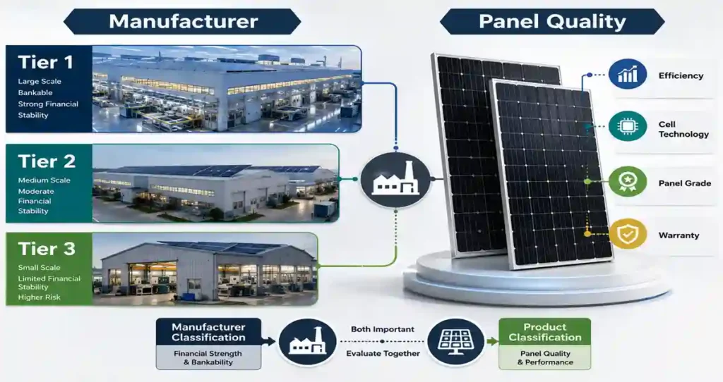 Solar Panel Tier versus panel quality infographic showing manufacturer bankability and product-level factors.