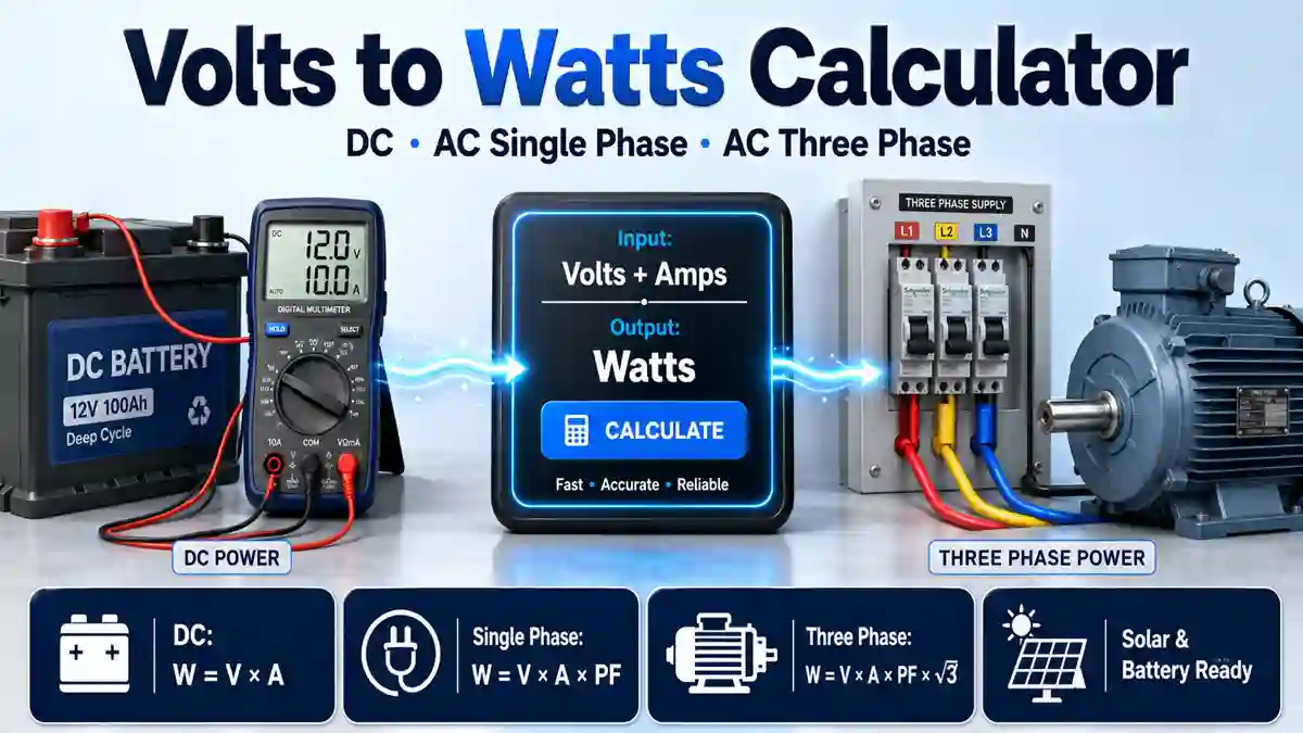 Volts to Watts Calculator showing 12V 100Ah DC battery with digital multimeter reading, calculator display, and three phase electrical panel connected to industrial motor