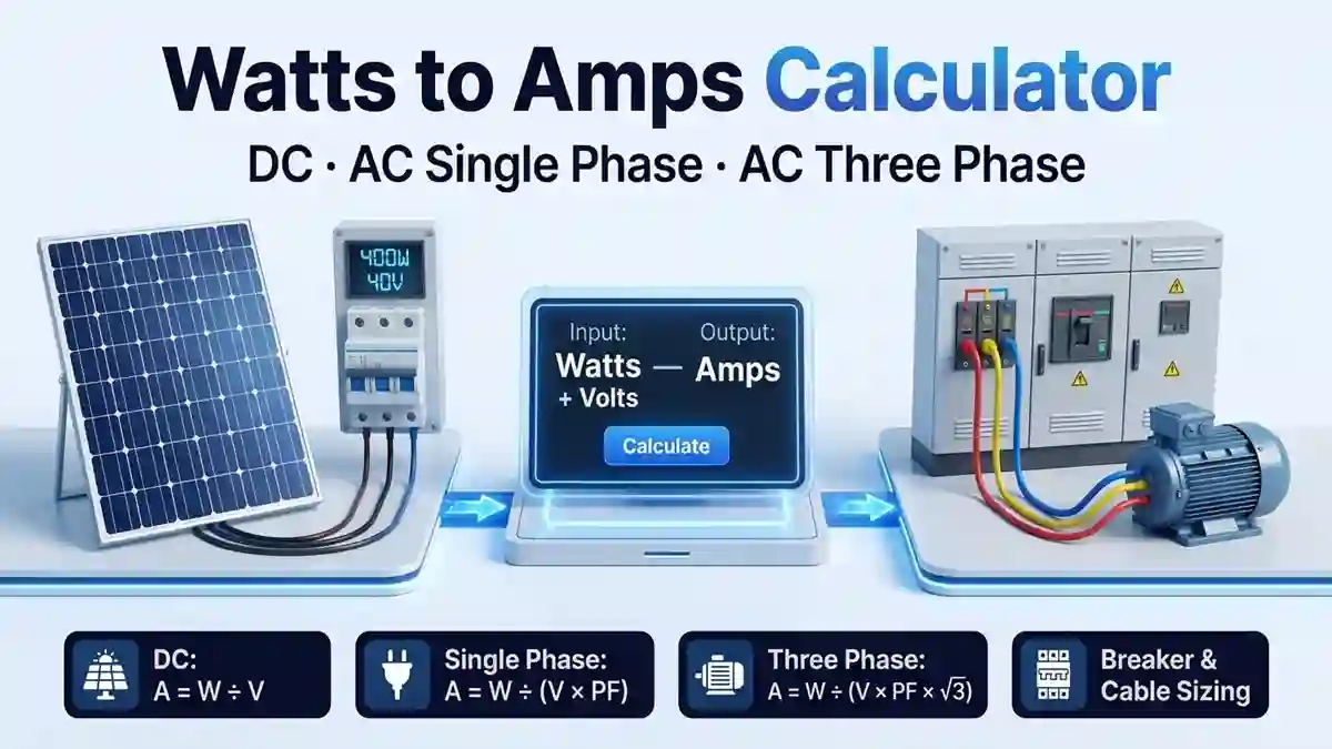 Watts to Amps Calculator showing DC solar panel with 400W 40V circuit breaker, digital converter display, and three phase AC panel with red yellow blue cables connected to a motor
