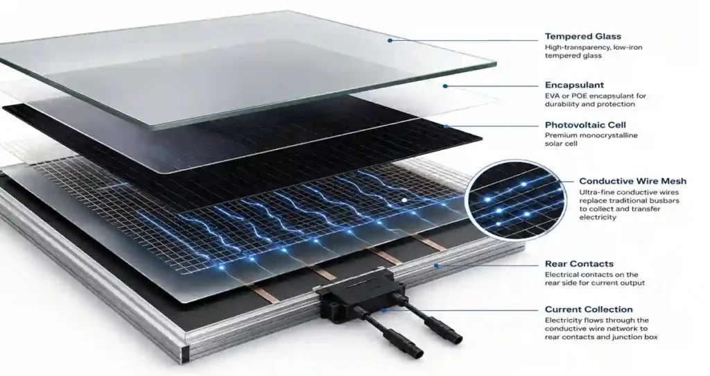 Internal construction of a Zero Busbar Solar Panel showing conductive wire mesh current collection.