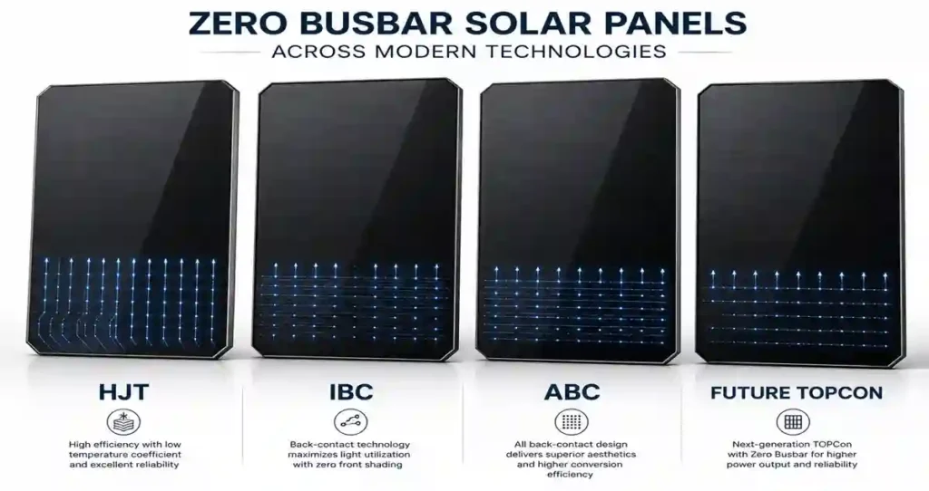 Zero Busbar Solar Panels integrated with HJT, IBC, ABC, and future TOPCon technologies.