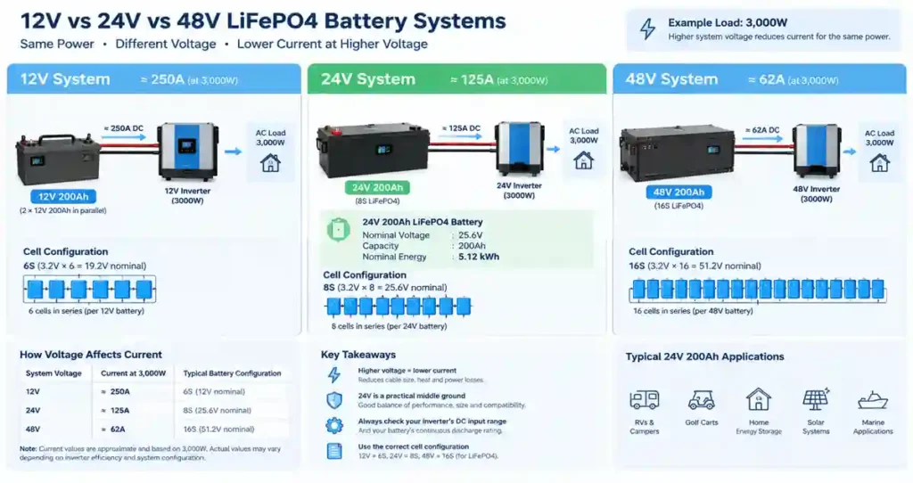 24V 200Ah LiFePO4 Battery compared with 12V and 48V systems