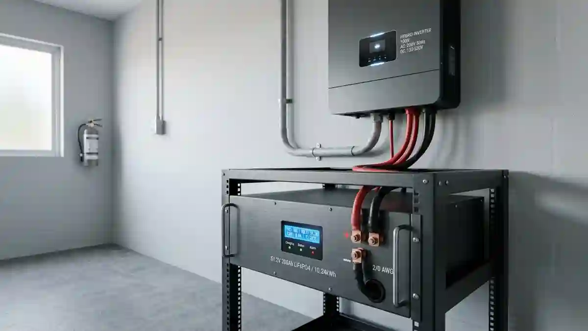 48V 200Ah LiFePO4 Battery mounted beside a hybrid inverter for home solar storage