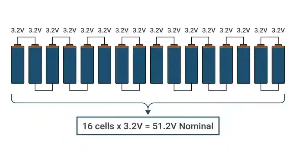 48V 200Ah LiFePO4 Battery Diagram showing 16 LiFePO4 cells wired in series producing 51.2V nominal voltage