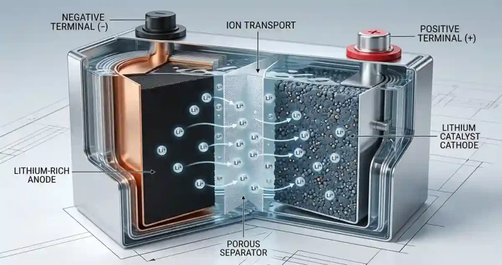 LFP Battery cell chemistry showing lithium-ion movement