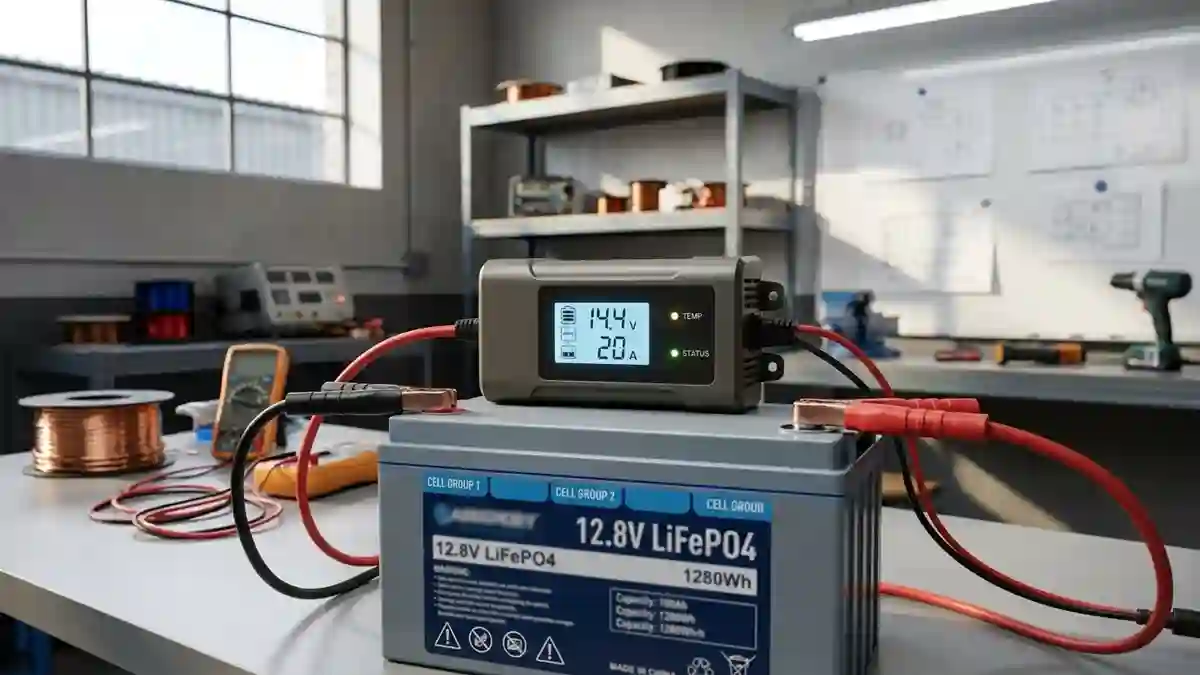 LiFePO4 Battery Charger connected to a lithium battery