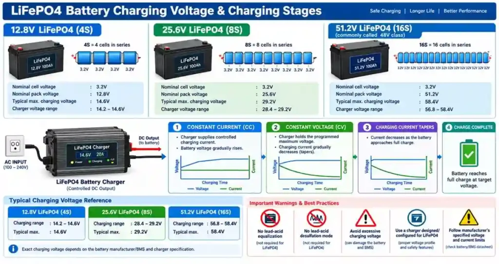 LiFePO4 Battery Charger voltage settings for 12V, 24V and 48V batteries