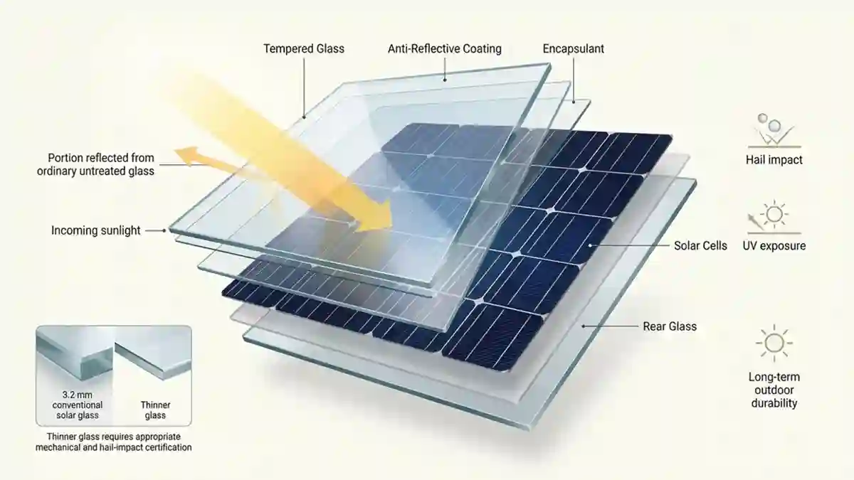 Solar Panel Glass with anti-reflective coating over crystalline solar cells
