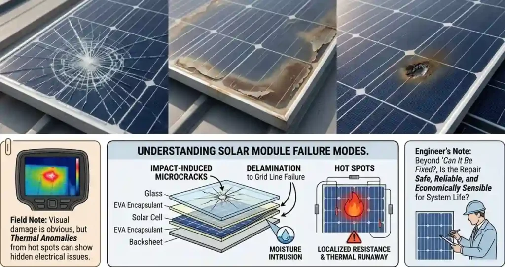 An infographic detailing solar panel repair modes, showing photos of physical damage like cracked glass, delamination, and hot spots alongside a technical layer diagram and thermal inspection notes.