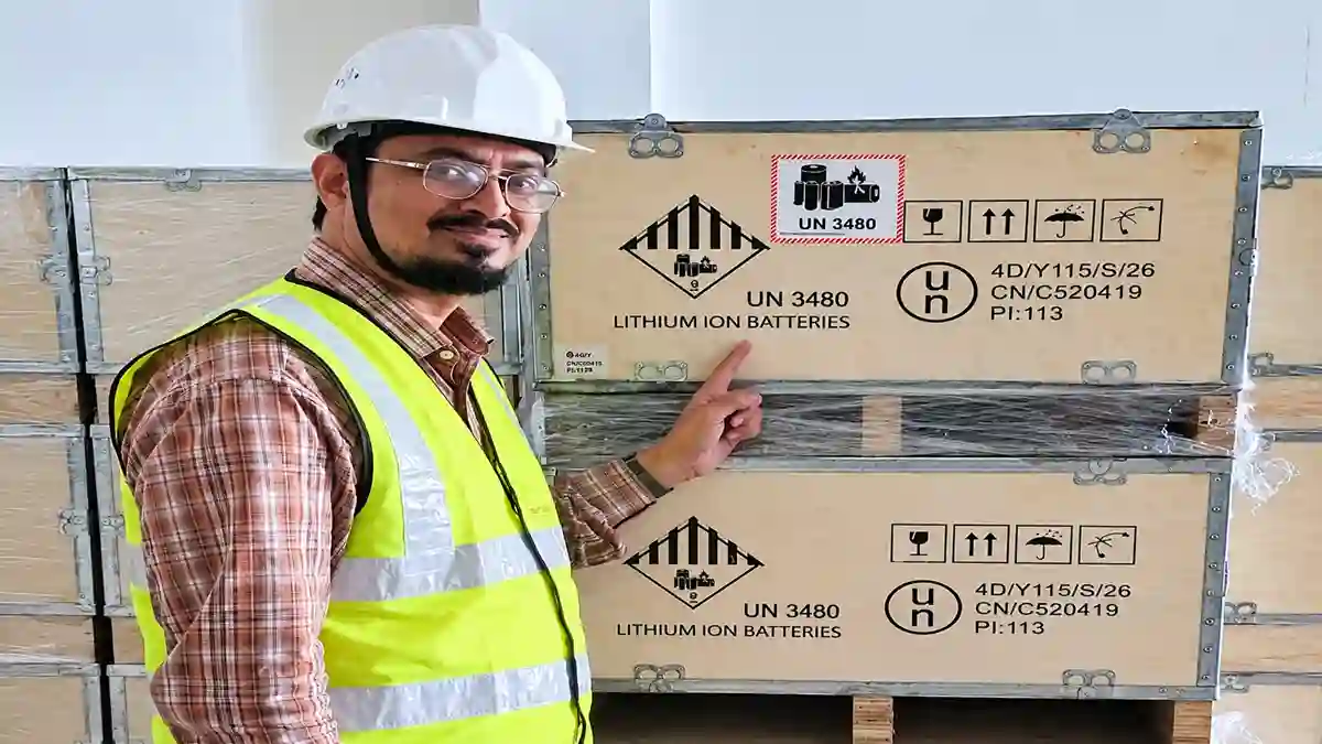 Engr. Syed Farrukh Anwar inspecting a LiFePO4 battery shipment