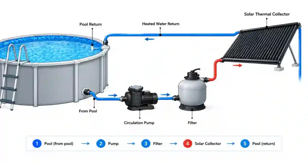Diagram showing an above-ground pool connected to a pump, filter and solar heater