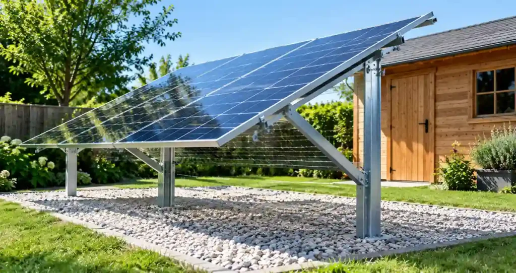 Bifacial solar panel beside a shed mounted above reflective gravel with rear-side clearance