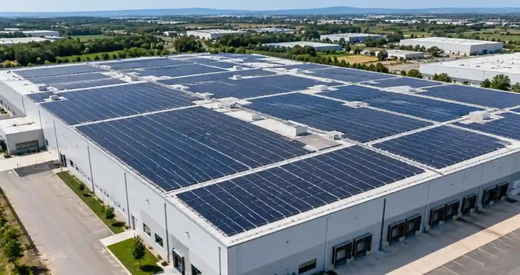 Commercial solar array installed across an industrial warehouse roof