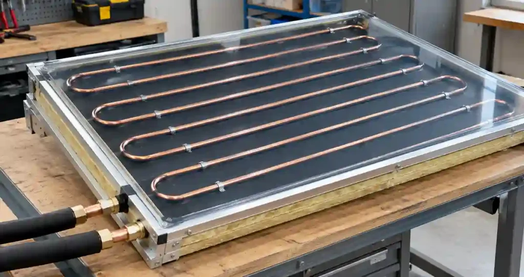 Copper tubing and a black absorber plate inside a homemade solar thermal collector
