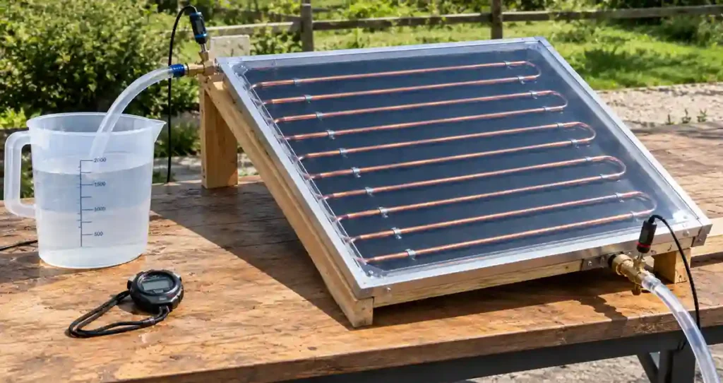 Temperature probes and a measuring jug used to test a DIY solar water heater’s temperature rise and flow rate.
