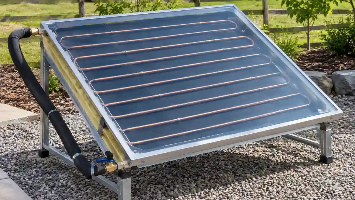 DIY solar water heater with a black solar thermal collector in an insulated frame