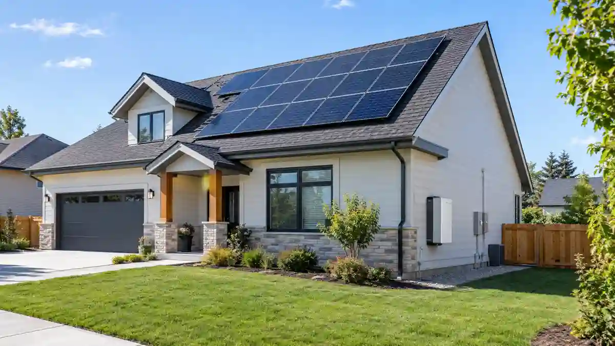 Home battery backup system paired with rooftop solar panels at a modern home
