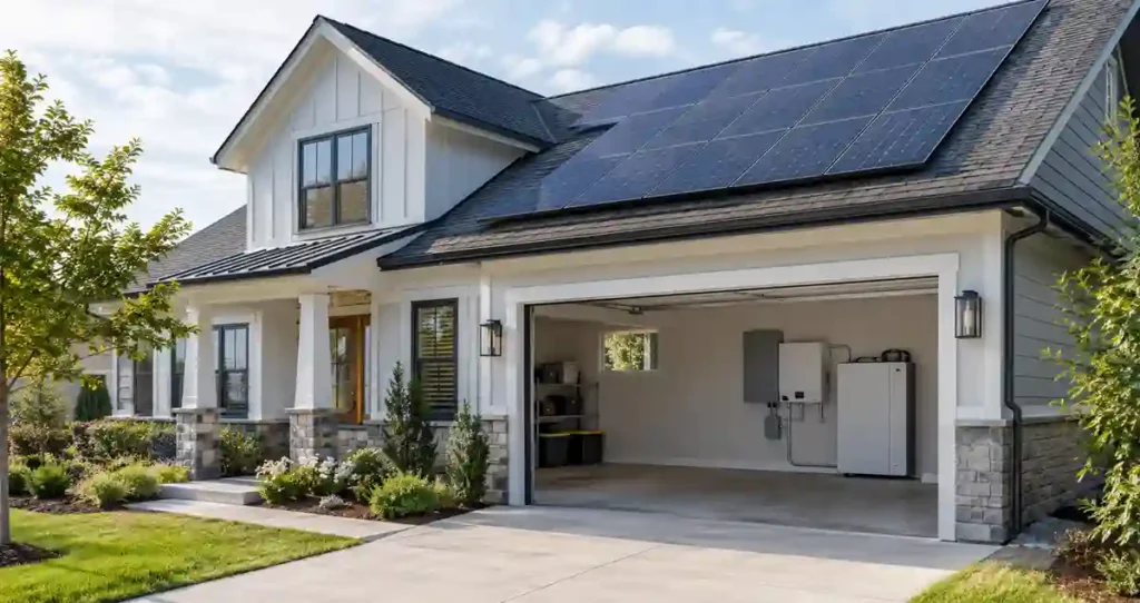 Home battery backup system storing electricity generated by rooftop solar panels