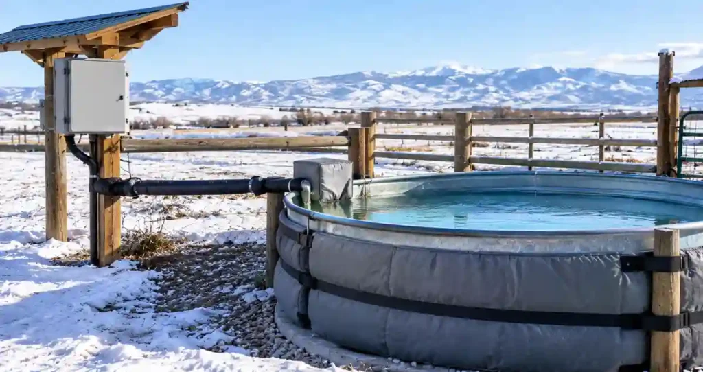 Insulated livestock water trough with protected heating equipment on a winter ranch.