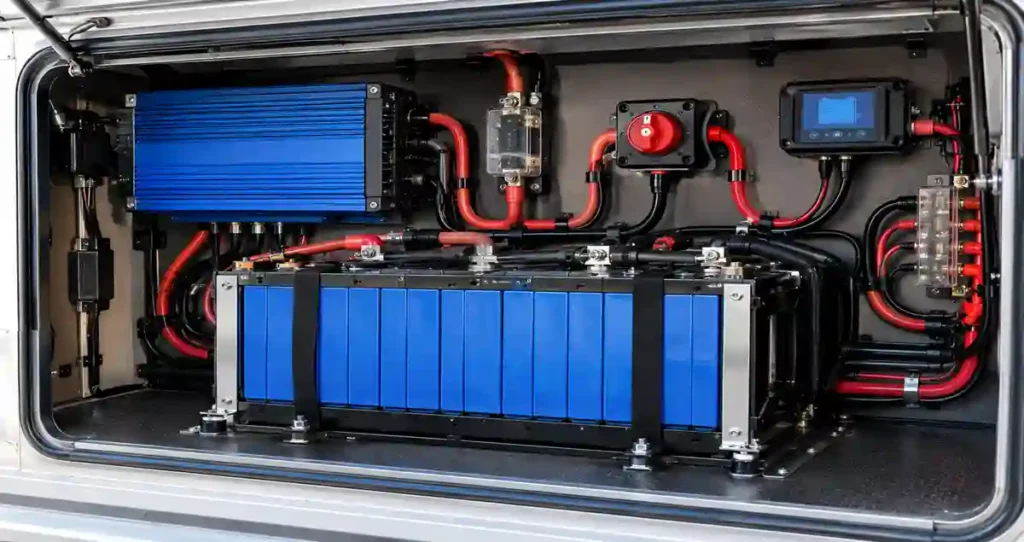 LiFePO4 RV battery installation with fuse, disconnect and inverter