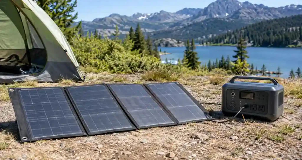 Portable photovoltaic solar blanket beside a power station