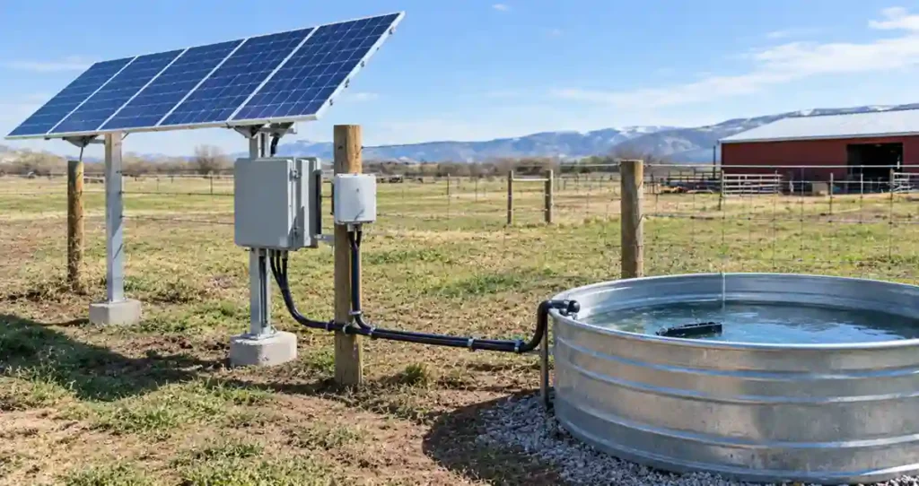 Solar PV panels and protected electrical equipment for a solar livestock water heater 