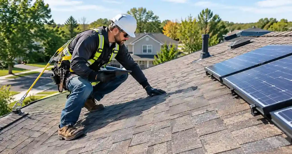 Solar installer assessing an asphalt-shingle roof before residential solar panel installation