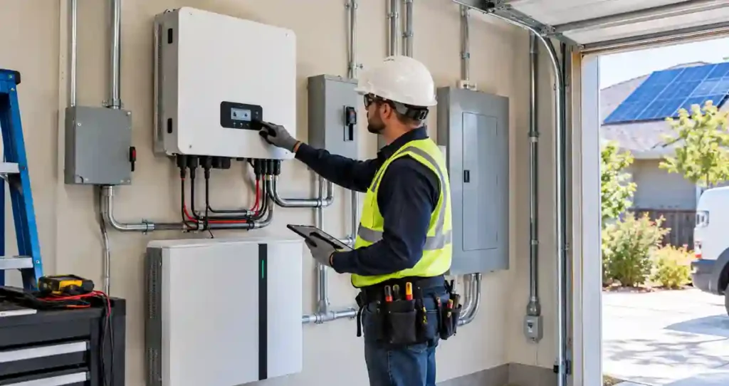 Electrician checking a residential solar inverter during system commissioning