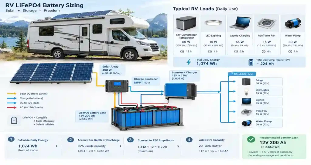 RV LiFePO4 battery sizing based on daily energy consumption