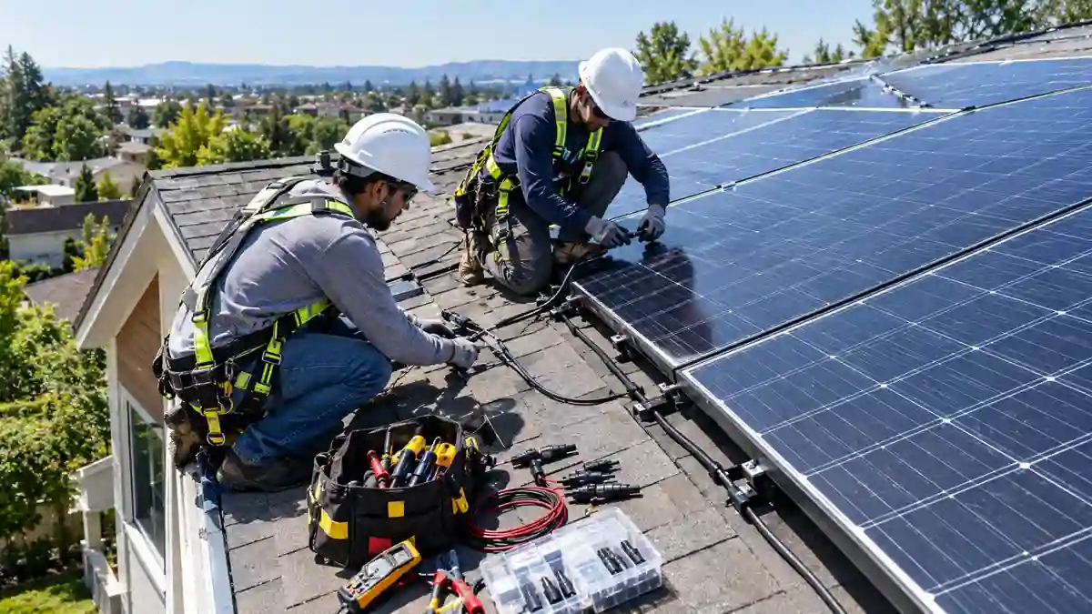 Professional installers connecting DC cables on a residential solar array during a rooftop installation.