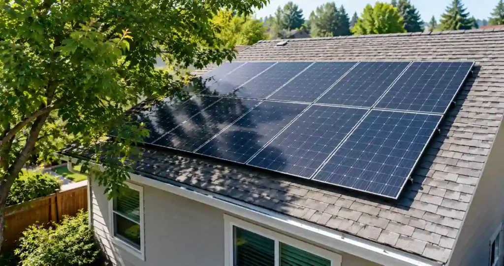 Partial tree shading across a rooftop solar array