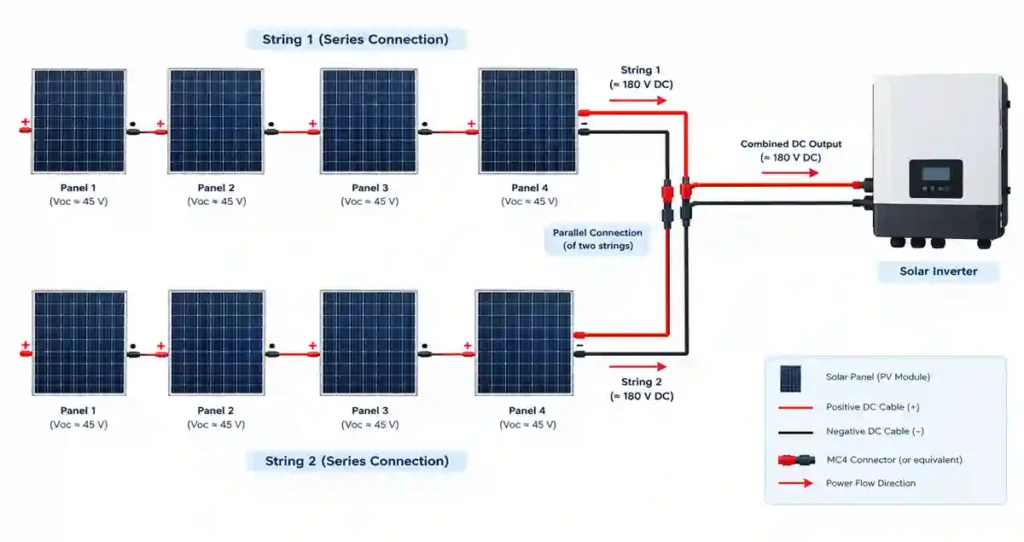 Solar array wiring diagram showing panel strings connected to an inverter