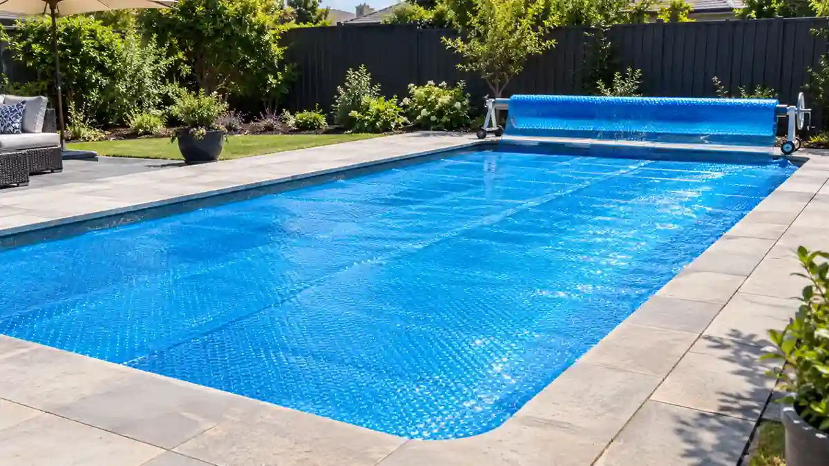 Swimming pool covered with blue solar blanket reels