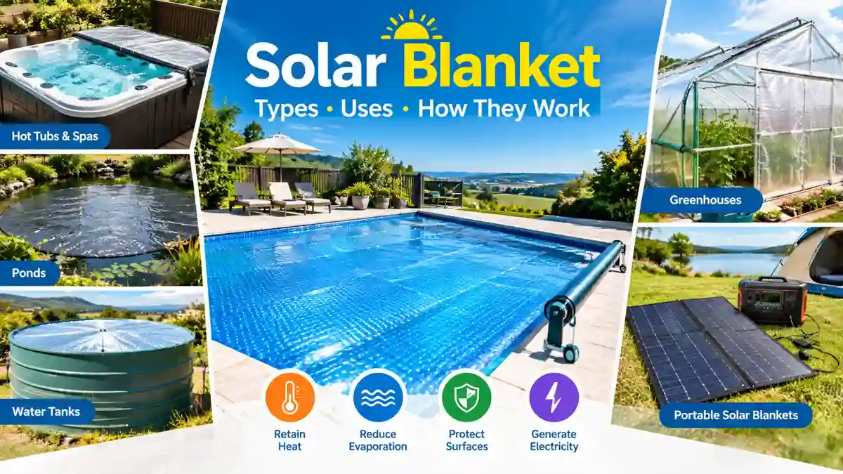 Solar blanket covering a swimming pool with examples of other blanket applications